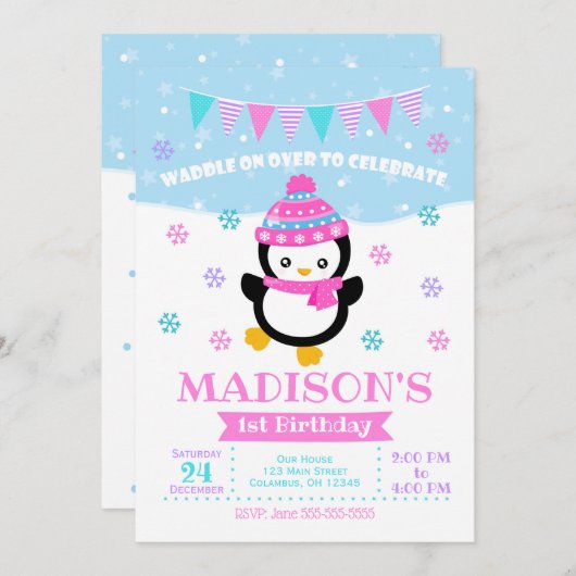 Girl Penguin Birthday Invitation / Waddle on Over Kaart (Voorkant / Achterkant)