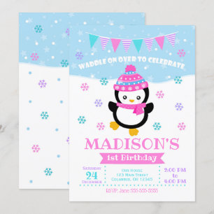 Girl Penguin Birthday Invitation / Waddle on Over Kaart