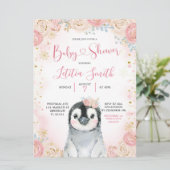 Girl Penguin Winter Snowflake Baby shower Invite Kaart (Staand voorkant)