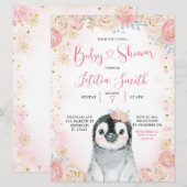 Girl Penguin Winter Snowflake Baby shower Invite Kaart (Voorkant / Achterkant)