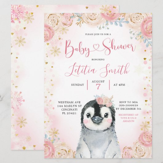 Girl Penguin Winter Snowflake Baby shower Invite Kaart (Voorkant / Achterkant)