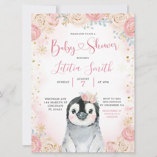 Girl Penguin Winter Snowflake Baby shower Invite Kaart (Voorkant)