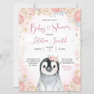 Girl Penguin Winter Snowflake Baby shower Invite Kaart