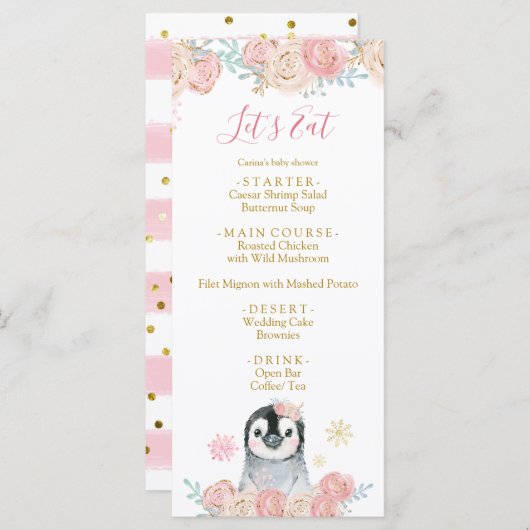 Girl Penguin Winter Snowflake Baby shower Menu (Voorkant / Achterkant)
