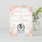 Girl Penguin Winter Snowflake Birthday Uitnodiging (Staand voorkant)