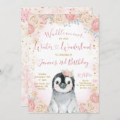 Girl Penguin Winter Snowflake Birthday Uitnodiging (Voorkant / Achterkant)