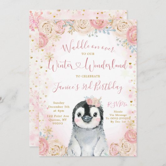 Girl Penguin Winter Snowflake Birthday Uitnodiging (Voorkant / Achterkant)