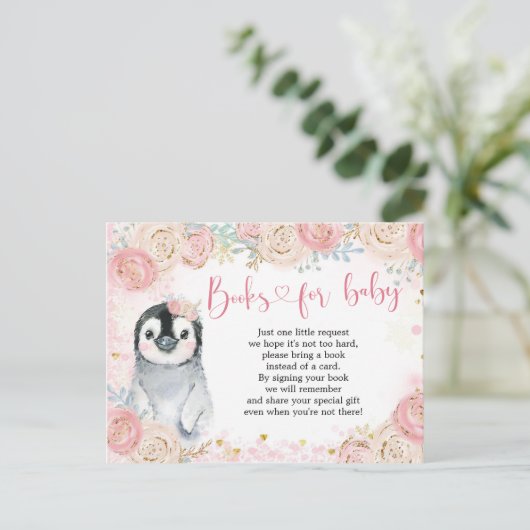 Girl Penguin Winter Snowflake Books for Baby Uitnodiging Briefkaart (Staand voorkant)