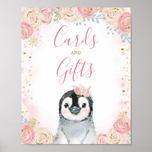 Girl Penguin Winter Snowflake Cards and Gifts Sign Poster