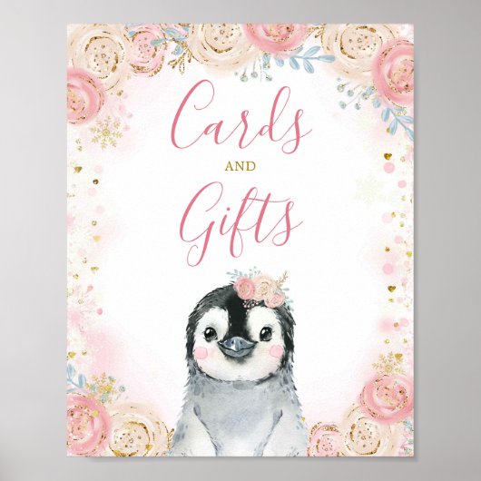 Girl Penguin Winter Snowflake Cards and Gifts Sign Poster (Voorkant)