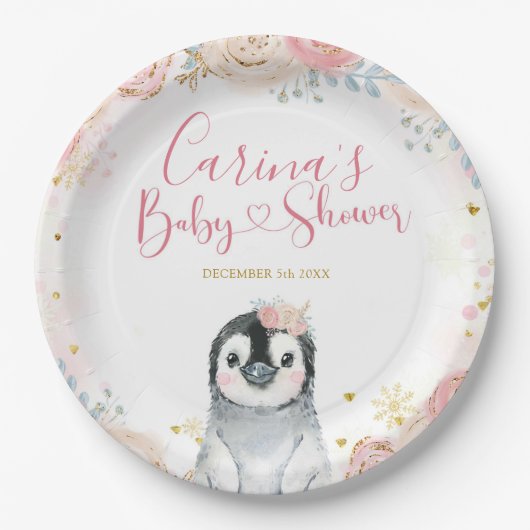 Girl Penguin Winter Snowflake Paper Borden Papieren Bordje (Voorkant)