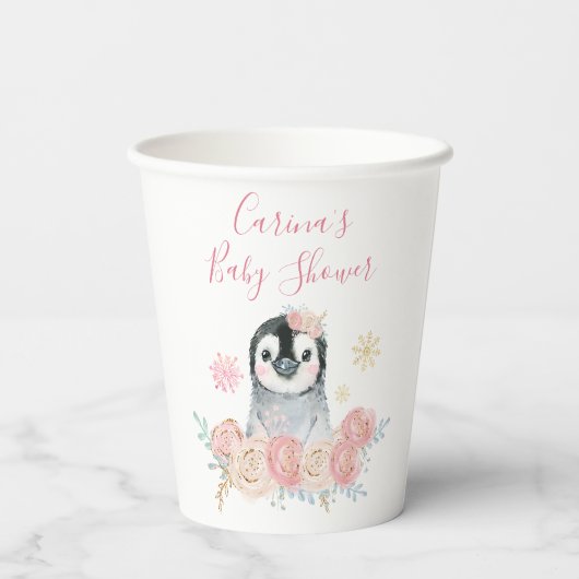 Girl Penguin Winter Snowflake Paper Cups Papieren Bekers (Achterkant)