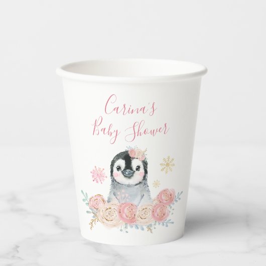 Girl Penguin Winter Snowflake Paper Cups Papieren Bekers (Voorkant)