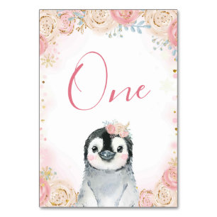 Girl Penguin Winter Snowflake Table Number Kaart
