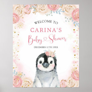 Girl Penguin Winter Snowflake Welcome Sign Poster