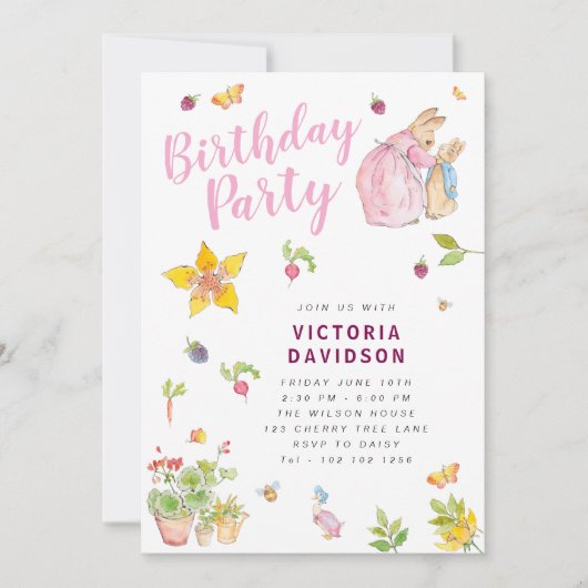 Girl Peter Rabbit Birthday Party Invitation Kaart (Voorkant)