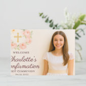 Girl photo cream beige bow cross Confirmation Bedankkaart (Staand voorkant)