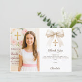 Girl photo cream bow Confirmation Bedankkaart (Staand voorkant)