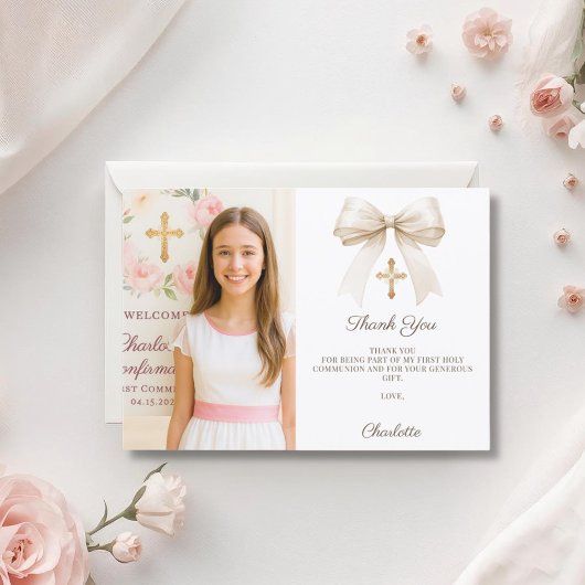 Girl photo cream bow Confirmation Bedankkaart