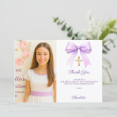 Girl photo lavender bow Confirmation Bedankkaart (Staand voorkant)