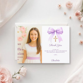 Girl photo lavender bow Confirmation Bedankkaart