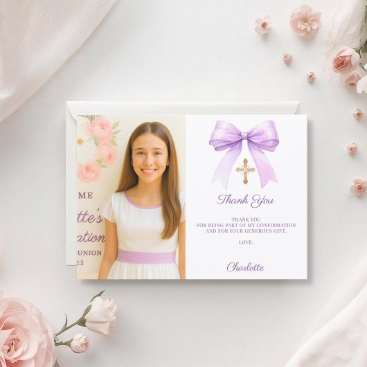 Girl photo lavender bow Confirmation Bedankkaart