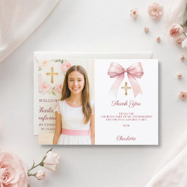 Girl photo pink bow Confirmation Bedankkaart