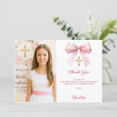 Girl photo pink bow Confirmation Bedankkaart (Staand voorkant)