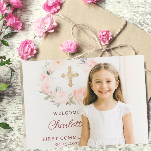 Girl photo pink bow cross First Communion Bedankkaart