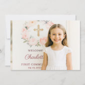 Girl photo pink bow cross First Communion Bedankkaart (Voorkant)
