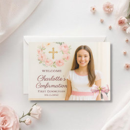 Girl photo pink bow cross First Holy Communion Bedankkaart
