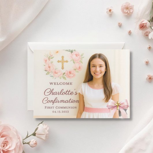 Girl photo pink bow cross First Holy Communion Bedankkaart