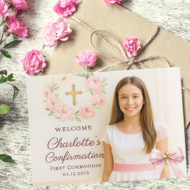 Girl photo pink bow cross First Holy Communion Bedankkaart