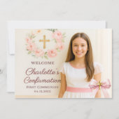 Girl photo pink bow cross First Holy Communion Bedankkaart (Voorkant)