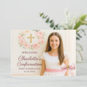 Girl photo pink bow cross First Holy Communion Bedankkaart (Staand voorkant)