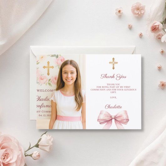 Girl photo pink bow First Holy Communion Bedankkaart