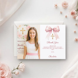Girl photo pink bow First Holy Communion Bedankkaart