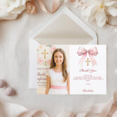 Girl photo pink bow First Holy Communion Bedankkaart