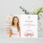 Girl photo pink bow First Holy Communion Bedankkaart (Staand voorkant)