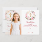 Girl photo pink florals cross First Communion Bedankkaart (Voorkant)