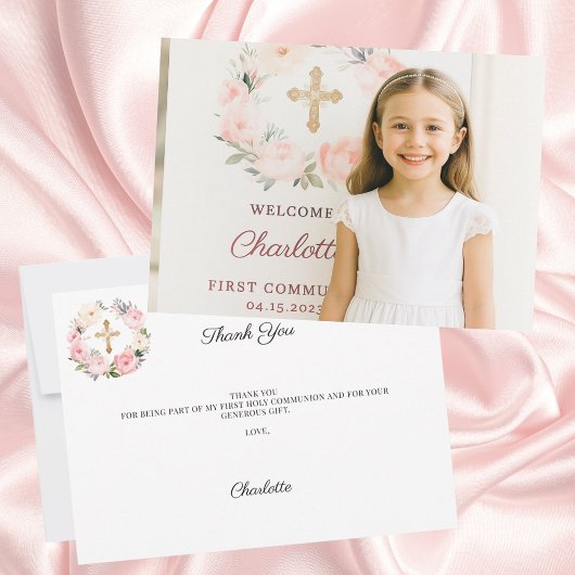 Girl photo pink florals cross First Communion  Bedankkaart