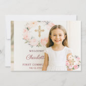 Girl photo pink florals cross First Communion Bedankkaart (Voorkant)