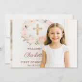 Girl photo pink florals cross First Communion  Bedankkaart (Voorkant)