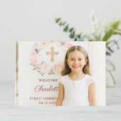 Girl photo pink florals cross First Communion  Bedankkaart (Staand voorkant)