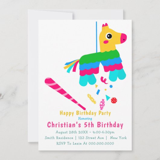 Girl Piñata 5th Birthday Invitations (Voorkant)