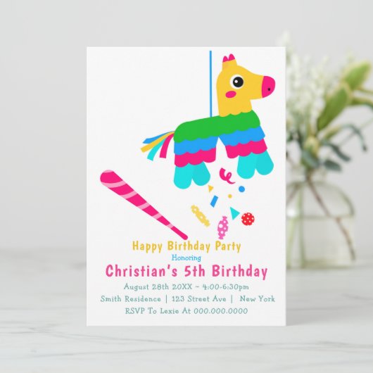 Girl Piñata 5th Birthday Invitations (Staand voorkant)