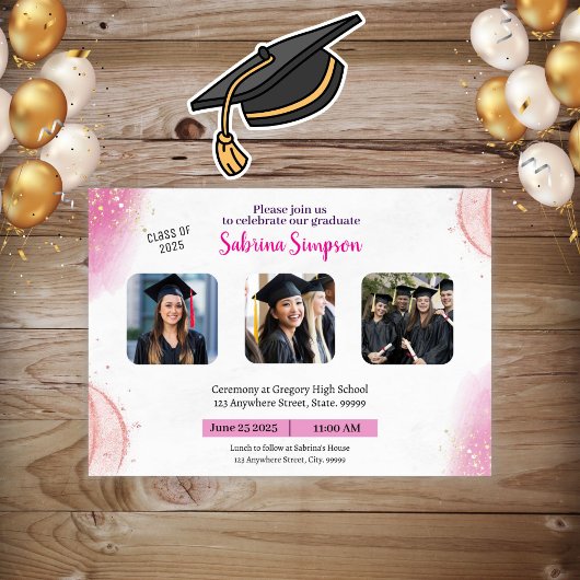 Girl Pink Afstuderen Invitation Kaart