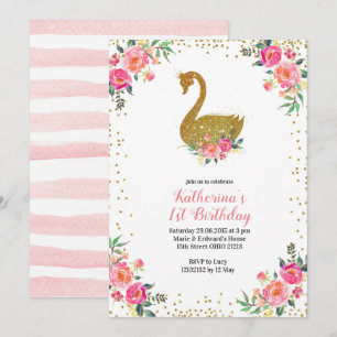 Girl Pink and Gold Swan Birthday Invitation Kaart