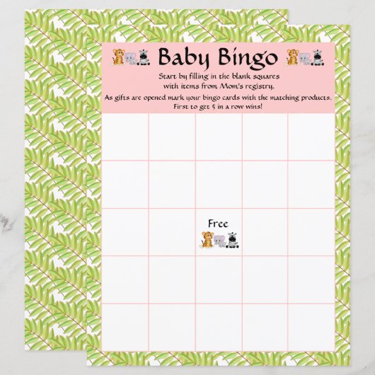 Girl Pink Baby Bingo Baby shower Safari Oerwoud (Voorkant / Achterkant)
