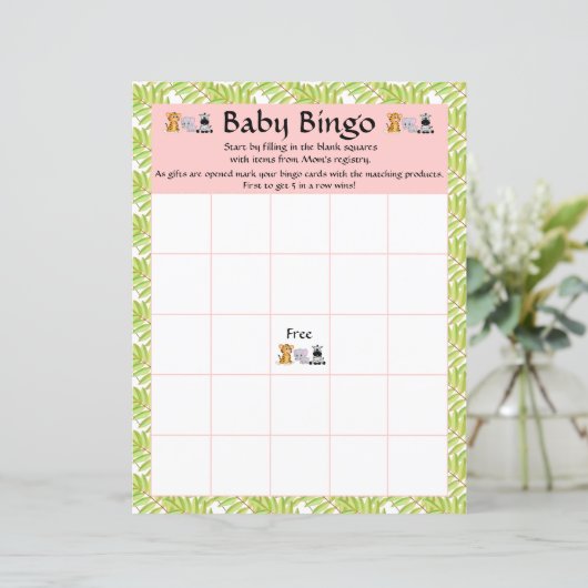 Girl Pink Baby Bingo Baby shower Safari Oerwoud (Staand voorkant)
